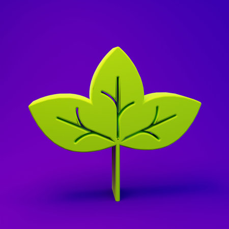 Green Leaf icon isolated on purple-blue background. Leaves sign. Fresh natural product symbol. Minimalism concept. 3D render illustration.の写真素材