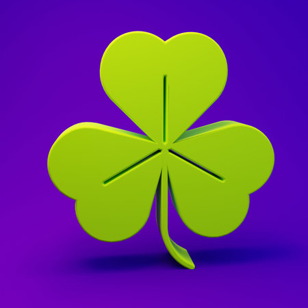 Green Clover icon isolated on purple-blue background. Happy Saint Patrick's day. Minimalism concept....