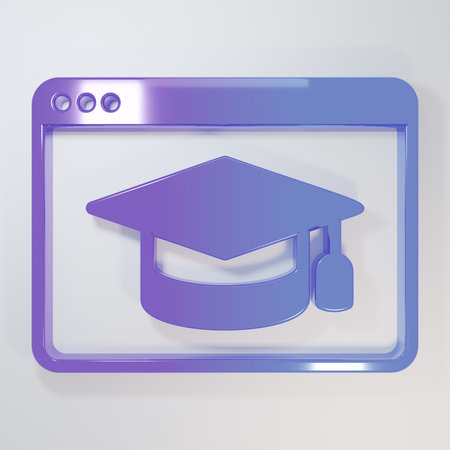 Purple-blue Online education and graduation icon isolated on gray background. Online teacher on monitor. Webinar and video seminar learning. Minimalism concept. 3D render illustration.の写真素材