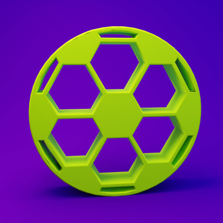 Green Soccer football ball icon isolated on purple-blue background. Sport equipment. Minimalism...