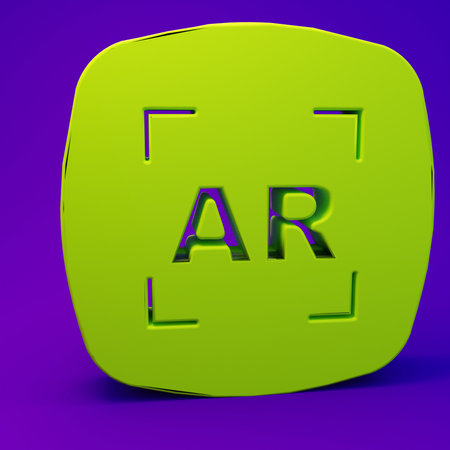 Green Augmented reality AR icon isolated on purple-blue background. Virtual futuristic wearable devices. Minimalism concept. 3D render illustration.の写真素材
