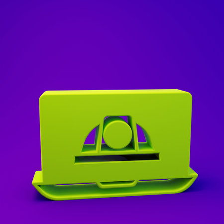 Green Worker safety helmet icon isolated on purple-blue background. Minimalism concept. 3D render illustration.の写真素材