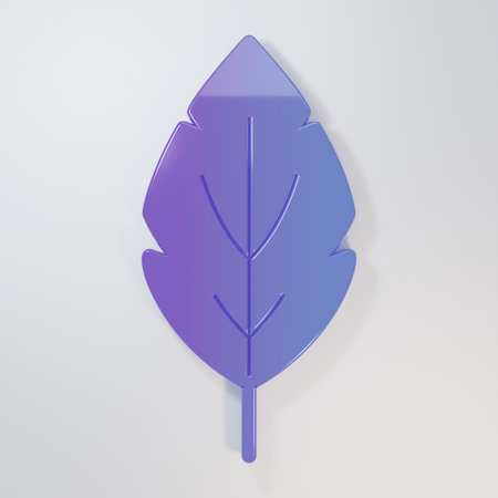 Purple-blue Leaf icon isolated on gray background. Leaves sign. Fresh natural product symbol. Minimalism concept. 3D render illustration.の写真素材