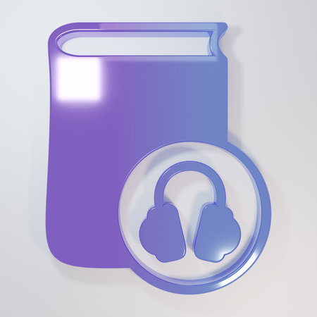 Purple-blue Audio book icon isolated on gray background. Book with headphones. Audio guide sign. Online learning concept. Minimalism concept. 3D render illustration.の写真素材