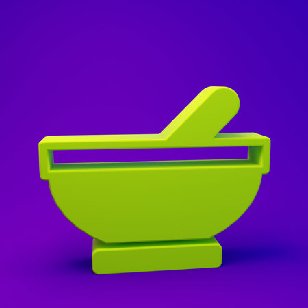 Green Witch cauldron icon isolated on purple-blue background. Happy Halloween party. Minimalism concept. 3D render illustration.の写真素材