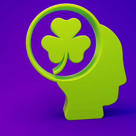 Green Human head with clover trefoil leaf icon isolated on purple-blue background. Happy Saint...
