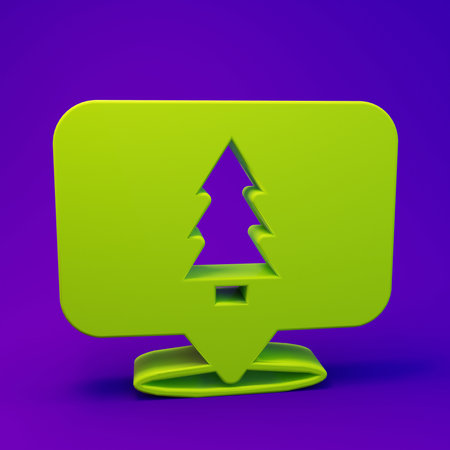 Green Christmas tree icon isolated on purple-blue background. Merry Christmas and Happy New Year. Minimalism concept. 3D render illustration.の写真素材