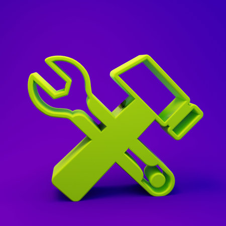 Green Crossed hammer and wrench spanner icon isolated on purple-blue background. Hardware tools. Minimalism concept. 3D render illustration.の写真素材