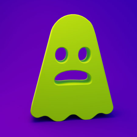 Green Ghost icon isolated on purple-blue background. Happy Halloween party. Minimalism concept. 3D render illustration.の写真素材