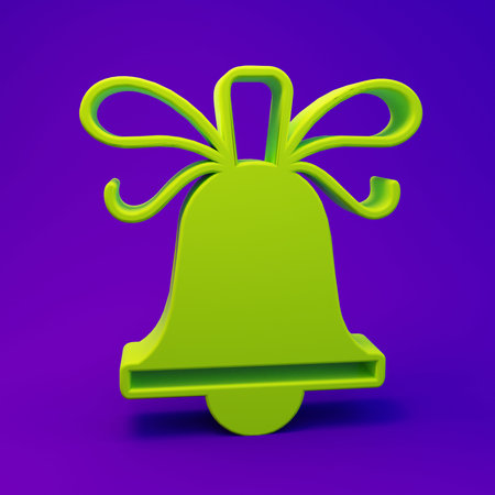 Green Merry Christmas ringing bell icon isolated on purple-blue background. Alarm symbol, service...