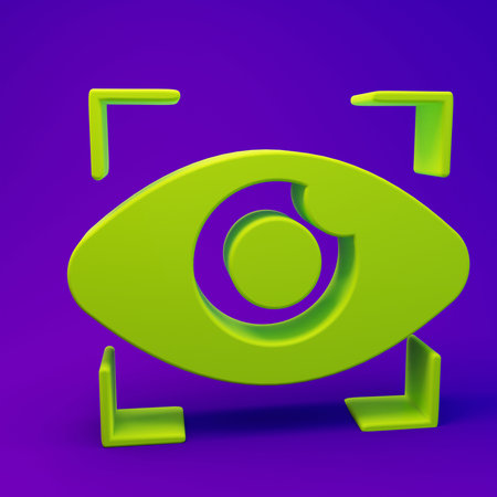 Green Big brother electronic eye icon isolated on purple-blue background. Global surveillance technology, computer systems and networks security. Minimalism concept. 3D render illustration.の写真素材
