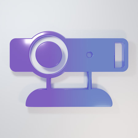 Purple-blue Web camera icon isolated on gray background. Chat camera. Webcam icon. Minimalism concept. 3D render illustration.の写真素材