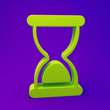 Green Old hourglass with flowing sand icon isolated on purple-blue background. Sand clock sign. Business and time management concept. Minimalism concept. 3D render illustration.の写真素材