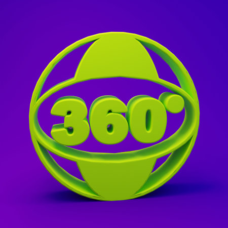 Green 360 degree view icon isolated on purple-blue background. Virtual reality. Angle 360 degree camera. Panorama photo. Minimalism concept. 3D render illustration.の写真素材