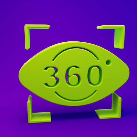 Green 360 degree view icon isolated on purple-blue background. Virtual reality. Angle 360 degree camera. Panorama photo. Minimalism concept. 3D render illustration.の写真素材