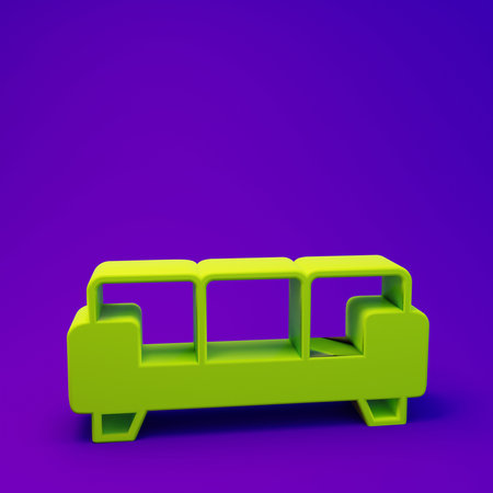 Green Sofa icon isolated on purple-blue background. Minimalism concept. 3D render illustration.の写真素材