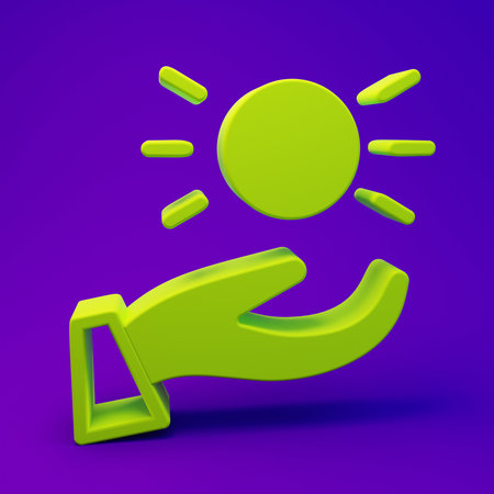 Green Ball levitating above hand icon isolated on purple-blue background. Levitation symbol. Minimalism concept. 3D render illustration.の写真素材
