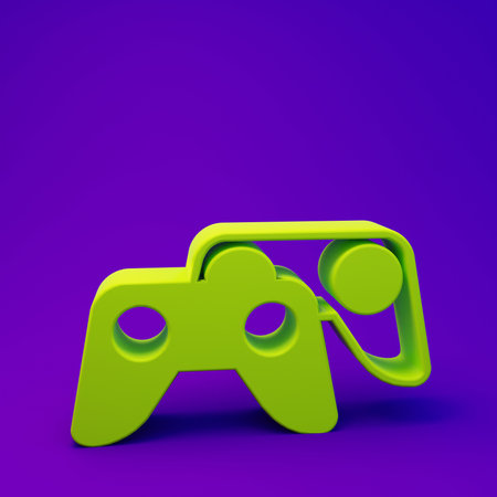 Green Game controller or joystick for game console icon isolated on purple-blue background. Minimalism concept. 3D render illustration.の写真素材