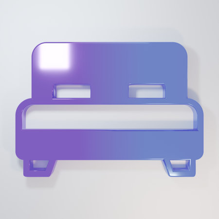 Purple-blue Big bed for two or one person icon isolated on gray background. Minimalism concept. 3D render illustration.の写真素材