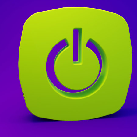 Green Power button icon isolated on purple-blue background. Start sign. Minimalism concept. 3D...