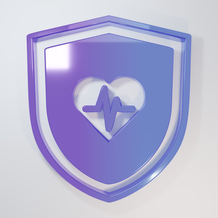 Purple-blue Life insurance with shield icon isolated on gray background. Security, safety, protection, protect concept. Minimalism concept. 3D render illustration.の写真素材