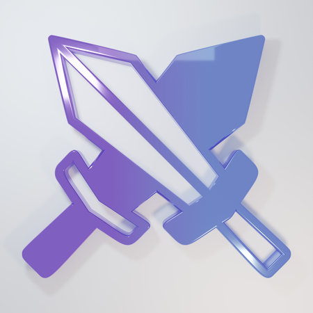 Purple-blue Sword for game icon isolated on gray background. Minimalism concept. 3D render illustration.の写真素材