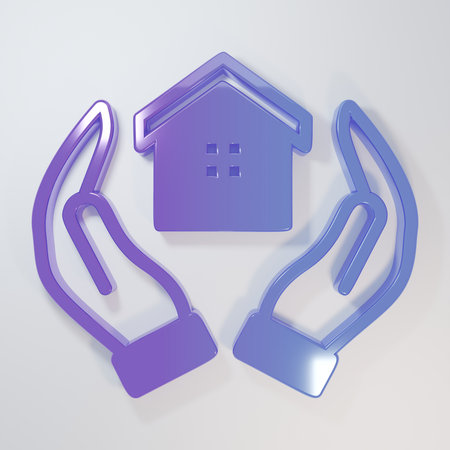 Purple-blue House in hand icon isolated on gray background. Insurance concept. Security, safety, protection, protect concept. Minimalism concept. 3D render illustration.の写真素材