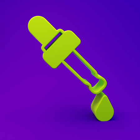 Green Pipette with oil icon isolated on purple-blue background. Organic aromatherapy essence. Skin care serum glass drop package. Minimalism concept. 3D render illustration.の写真素材