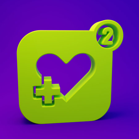 Green Smartphone with heart rate monitor function icon isolated on purple-blue background. Minimalism concept. 3D render illustration.の写真素材