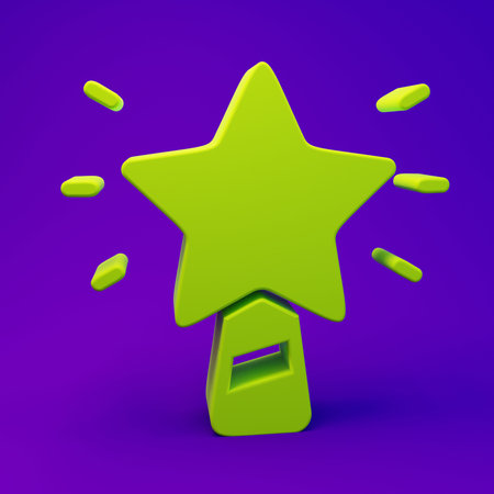 Green Christmas star icon isolated on purple-blue background. Merry Christmas and Happy New Year. Minimalism concept. 3D render illustration.の写真素材
