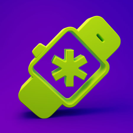 Green Smart watch showing heart beat rate icon isolated on purple-blue background. Fitness App concept. Minimalism concept. 3D render illustration.の写真素材