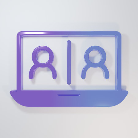 Purple-blue Video chat conference icon isolated on gray background. Online meeting work form home. Remote project management. Minimalism concept. 3D render illustration.の写真素材