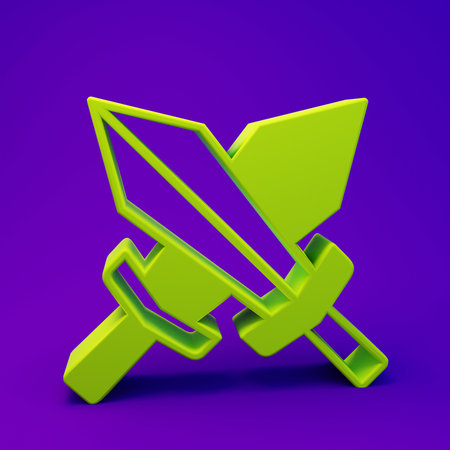 Green Sword for game icon isolated on purple-blue background. Minimalism concept. 3D render illustration.の写真素材