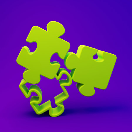 Green Puzzle pieces toy icon isolated on purple-blue background. Minimalism concept. 3D render illustration.の写真素材
