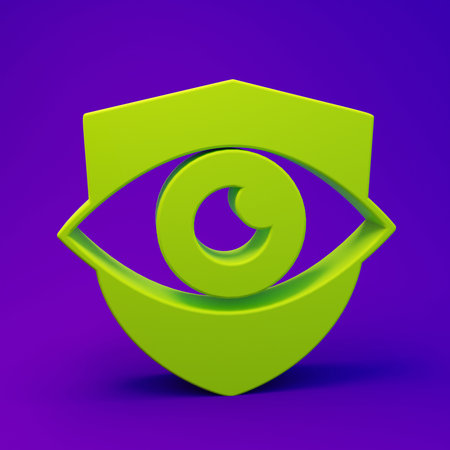 Green Shield and eye icon isolated on purple-blue background. Security, safety, protection, privacy concept. Minimalism concept. 3D render illustration.の写真素材