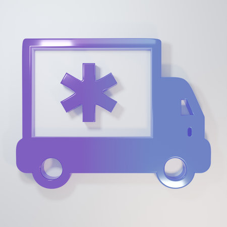 Purple-blue Ambulance and emergency car icon isolated on gray background. Ambulance vehicle medical evacuation. Minimalism concept. 3D render illustration.の写真素材