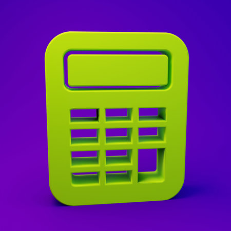 Green Calculator icon isolated on purple-blue background. Accounting symbol. Business calculations mathematics education and finance. Minimalism concept. 3D render illustration.の写真素材