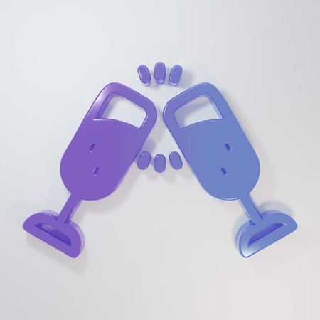 Purple-blue Glass of champagne icon isolated on gray background. Merry Christmas and Happy New Year. Minimalism concept. 3D render illustration.の写真素材