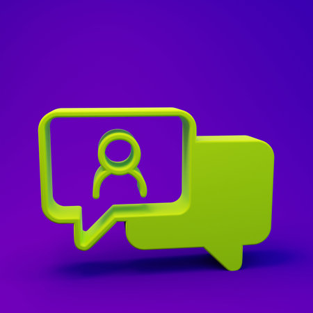 Green Speech bubble chat icon isolated on purple-blue background. Message icon. Communication or comment chat symbol. Minimalism concept. 3D render illustration.の写真素材