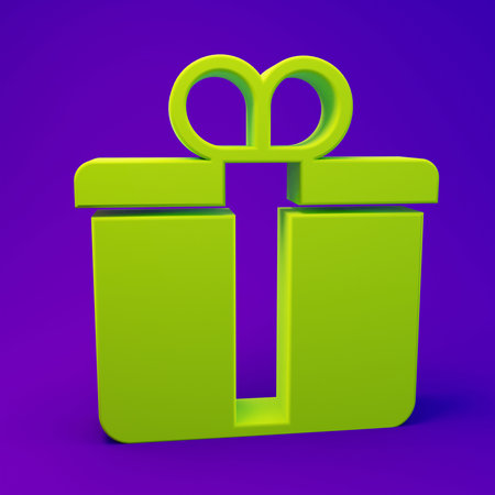 Green Gift box icon isolated on purple-blue background. Merry Christmas and Happy New Year. Minimalism concept. 3D render illustration.の写真素材