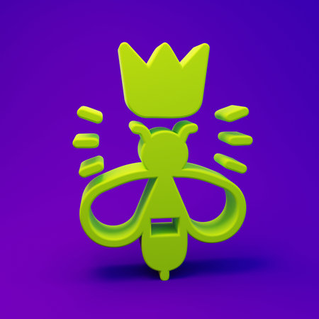 Green Queen bee icon isolated on purple-blue background. Sweet natural food. Honeybee or apis with wings symbol. Flying insect. Minimalism concept. 3D render illustration.の写真素材