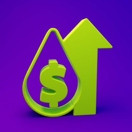 Green Oil price increase icon isolated on purple-blue background. Oil industry crisis concept. Minimalism concept. 3D render illustration.の写真素材