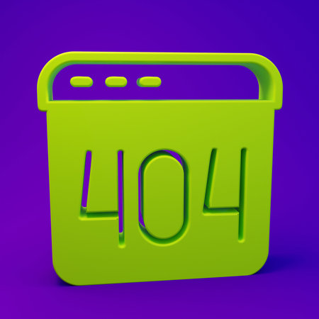 Green Page with a 404 error icon isolated on purple-blue background. Template reports that the page...