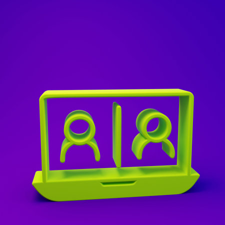 Green Video chat conference icon isolated on purple-blue background. Online meeting work form home. Remote project management. Minimalism concept. 3D render illustration.の写真素材