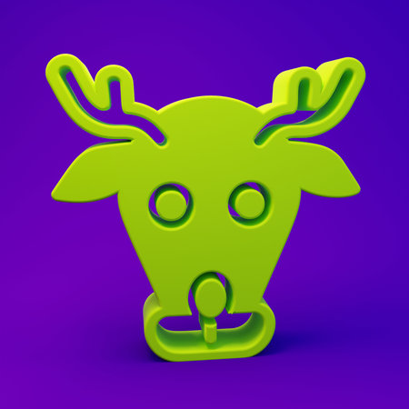 Green Reindeer icon isolated on purple-blue background. Merry Christmas and Happy New Year. Minimalism concept. 3D render illustration.の写真素材