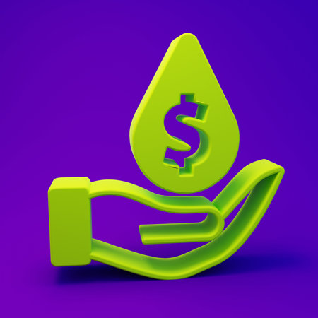Green Oil drop with dollar symbol icon isolated on purple-blue background. Oil price. Oil and...