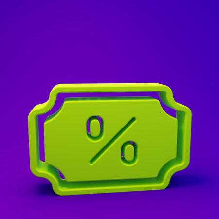 Green Discount percent tag icon isolated on purple-blue background. Shopping tag sign. Special offer sign. Discount coupons symbol. Minimalism concept. 3D render illustration.の写真素材