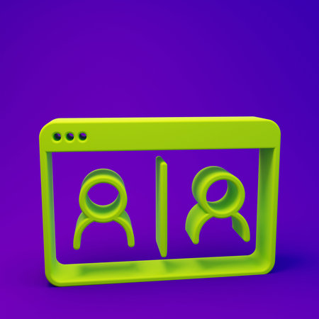 Green Video chat conference icon isolated on purple-blue background. Online meeting work form home. Remote project management. Minimalism concept. 3D render illustration.の写真素材