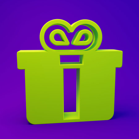 Green Gift box icon isolated on purple-blue background. Minimalism concept. 3D render illustration.の写真素材