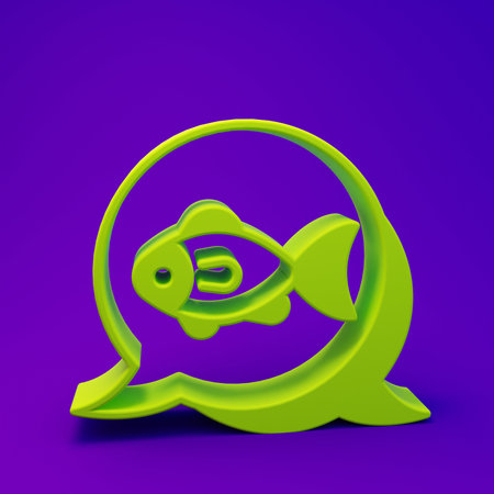 Green Fish icon isolated on purple-blue background. Minimalism concept. 3D render illustration.